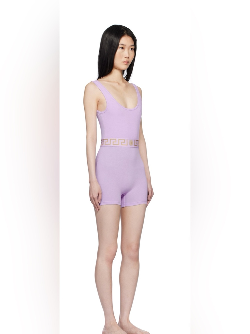 Lavender Versace Scoop-Neck Romper with Greek Key Waistband. Size 2.